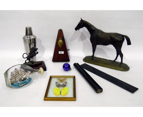 19th century Maelzel metronome, small "Cutty Sark" ship in bottle, old ebony folding ruler, old parallel ruler and sundry col