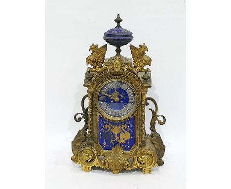 19th century French gilt, ormolu and enamel mantel clock with blue and gold enamel vase pediment flanked by pair eagles, the 