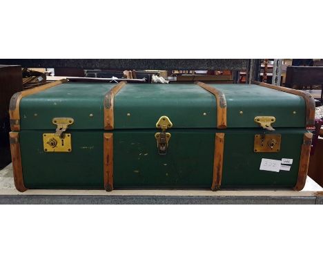 Victor floor polisher with accessories, canvas and wood bound school trunk containing a boxed dog ramp, golf balls, some boxe