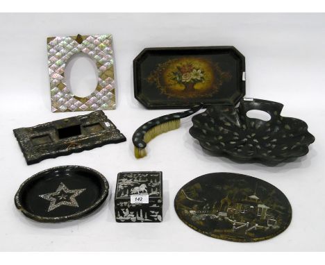 19th century mother-of-pearl inlaid papiermache photograph frame, trelliswork decorated, a 19th century mother-of-pearl, chin