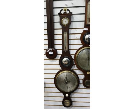 Mahogany cased banjo type barometer marked 'D.Albino Cheltenham', brushed steel dial, thermometer and humidity dial 
