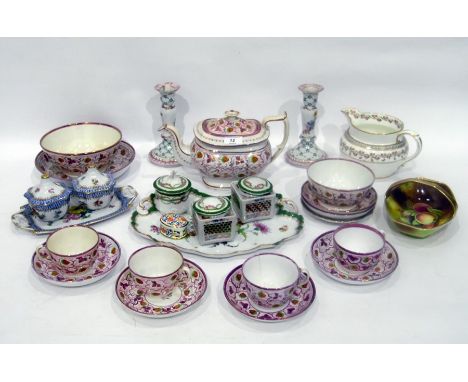 Staffordshire pottery part tea service painted with strawberries and purple lustre vine, including: a teapot, slop-bowl teacu