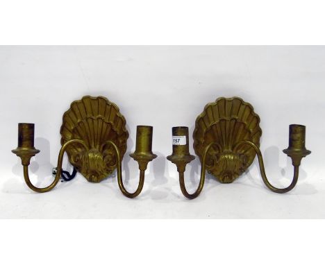 Pair of gilded brass two-light wall brackets, each having scroll branch and applied to scallopshell mount&nbsp;