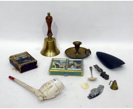 Old embossed clay pipe with footballers to the bowl, a turned wood handled brass table bell, a pair of sovereign scales, play