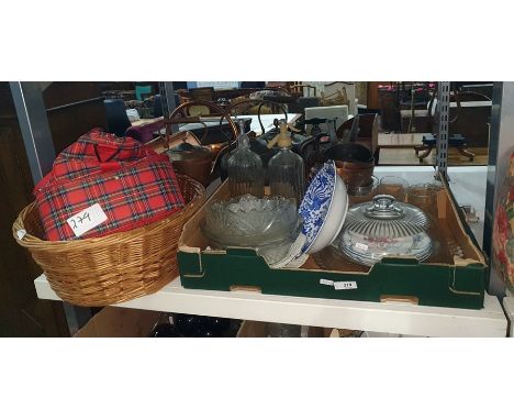 Two vintage soda syphons, a glass marked "Schweppes limited", a set of four bowls, a small cat basket, an alabaster table lam