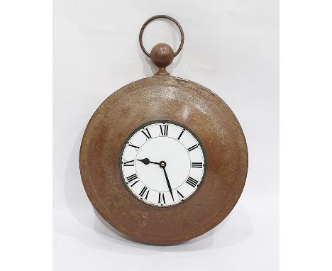 Circular wall clock with Roman numerals to the dial, together with two copper and brass vases