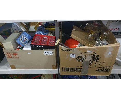 Quantity of assorted glassware, Tetley tea musical mugs, vintage tins, baskets, horse brasses, collectables, etc (5 boxes)&nb