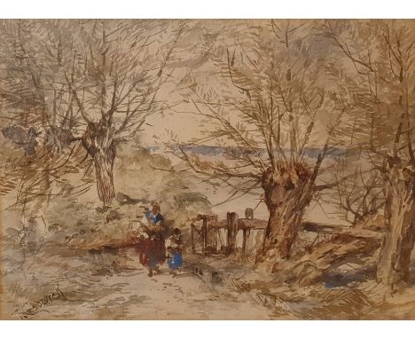 Thomas Creswick (1811-1869)Watercolour drawingWoman and child on a coastal country track, signed lower left, 15 cm x 21 cm an