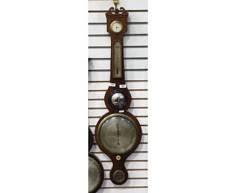 19th century mahogany wall barometer with broken swan neck pediment dry damp dial thermometer below, steel dial, the level in