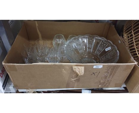 A large late Victorian cut glass bowl, with jagged edges and panels, and assorted brandy balloons, tumblers etc (1 box)