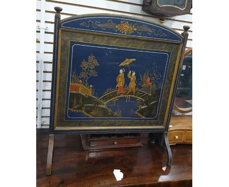 Late 19th/early 20th century blue ground chinoiserie decorated firescreen, 53cm x 60cm 