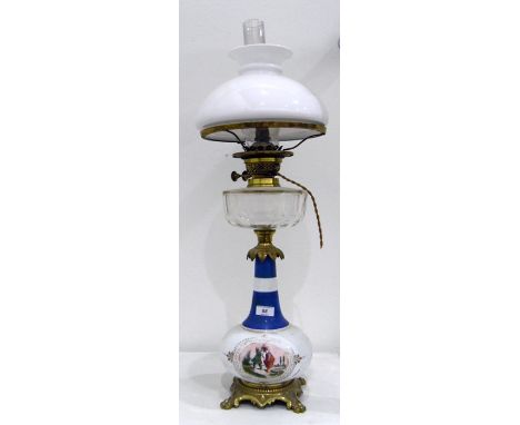 Victorian painted opaque glass and brass oil lamp converted to electricity, having cut glass clear well with brass foliate co