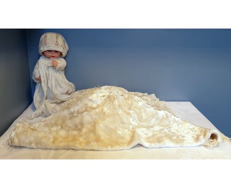 Chiltern doll with night gown and cap, and faux fur shawl