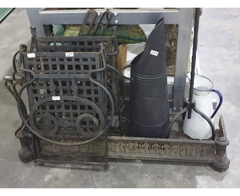 Quantity of assorted items; two folding vintage metal chairs, two cast metal stanchions (for a bench), a tall coal scuttle, a