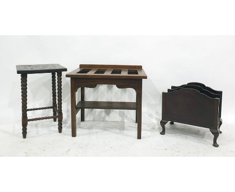 An oak luggage rack, a mahogany magazine rack and a square-top occasional table with carving to the top, bobbin turned suppor