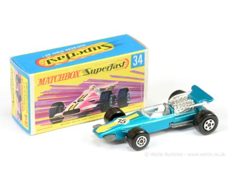 Matchbox Superfast 34a Formula 1 Racing Car - metallic kingfisher blue body with yellow arrow racing number 15 nose label, cl