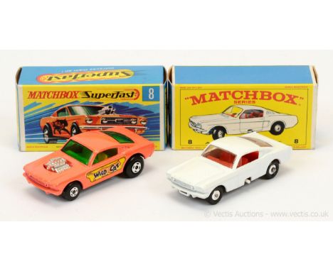 Matchbox Superfast 8b Ford Mustang Wildcat Dragster - orange body with type 2 labels, dark green windows, dark yellow interio