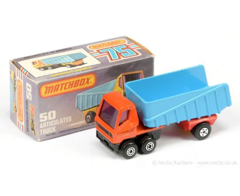 Matchbox Superfast 50b Articulated Truck - burnt orange tractor unit with purple windows, Maltese Cross wheels, mid-blue trai