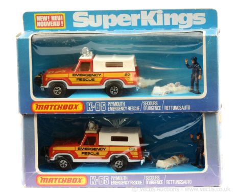 Matchbox Super Kings 2 x K65 Plymouth Trail Duster Emergency Rescue Vehicle - both are light amber windows, complete with fig
