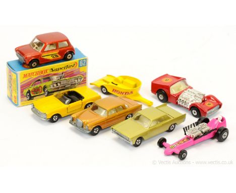 Matchbox Superfast group of unboxed early 1970's issue mostly Cars.  (1) 19b Road Dragster; (2) 27a Mercedes 230 SL - yellow 