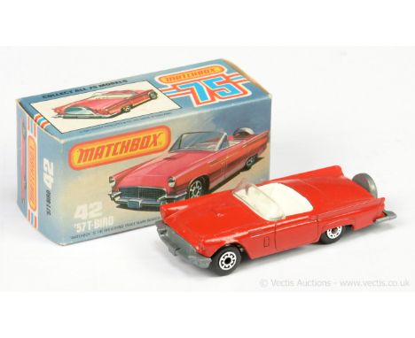 Matchbox Superfast 42d 1957 Ford Thunderbird - red body, clear windscreen, white interior, bare metal base, 5-arch front whee