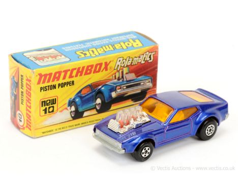 Matchbox Superfast 10b Ford Mustang Piston Popper - metallic violet-blue body, dark amber windows, white interior, silver pai