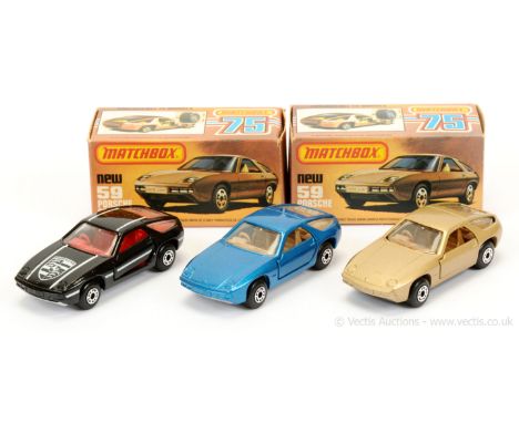 Matchbox Superfast 3 x 59d Porsche 928 - all are clear windows, 5-arch wheels (1) metallic blue body, tan interior, silver pa