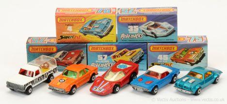 Matchbox Superfast group of mid to late 1970's issue Cars.  (1) 1c Dodge Challenger - darker blue body with white plastic roo