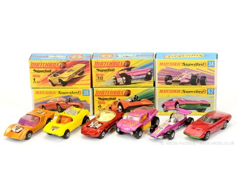 Matchbox Superfast group of early 1970's issue Cars all with bare metal base unless stated otherwise.  (1) 1b Mod Rod - wild 