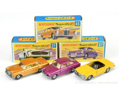 Matchbox Superfast group of German Cars. (1) 27a Mercedes 230SL - yellow body, black interior, hollow small diameter 5-spoke 