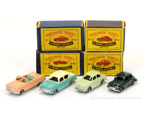 Matchbox Regular Wheels group of 1950's issue British Cars.  (1) 39a Ford Zodiac Convertible - light salmon pink body with si