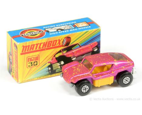 Matchbox Superfast 30b Beach Buggy - metallic candy pink body with yellow spots, clear windows, dark yellow interior, small e