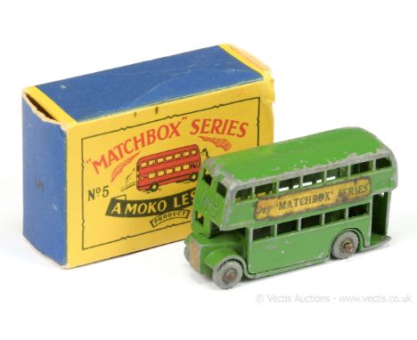 Matchbox Regular Wheels 5a London Bus - green type B body without rear numberplate recess, "Buy Matchbox Series" labels, meta