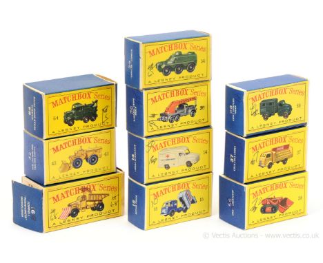 Matchbox Regular Wheels group of original empty boxes. Type D1 box for 64a Scammell Military Recovery Tractor printed by Pemb