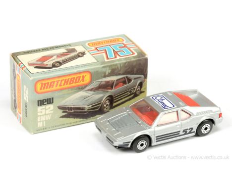 Matchbox Superfast 52c BMW M1 French market promotional issue - metallic silver body with black racing number 52 tampo print,