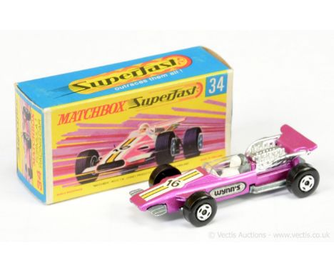 Matchbox Superfast 34a Formula 1 Racing Cars "Wynn's" promotional issue - metallic candy pink body with yellow stripe racing 