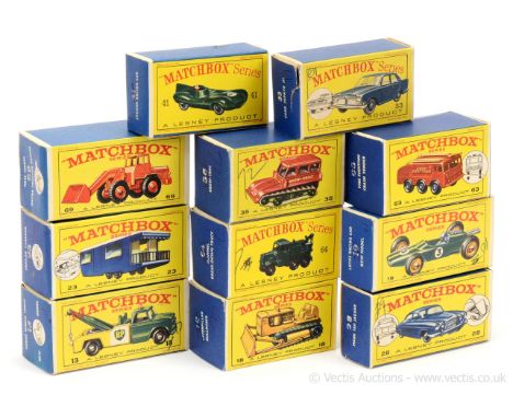 Matchbox Regular Wheels group of original empty boxes. Type D2 box printed by Bowaters for 41b Jaguar D-type; type D3 boxes f