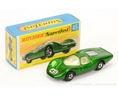 Matchbox Superfast 45a Ford Group 6 - metallic green body with racing number 45 nose label, clear windows, ivory interior, ch