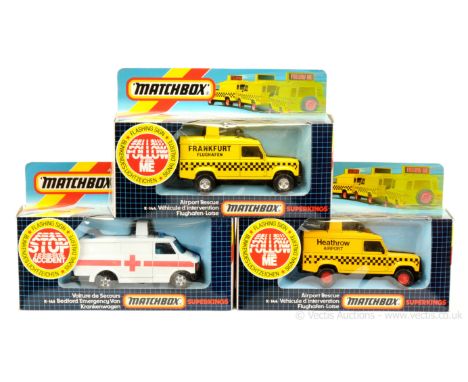 Matchbox Superkings (1) K143 Bedford CF Ambulance; (2) K144 Land Rover Airport Rescue Vehicle "Heathrow Airport" - dark yello