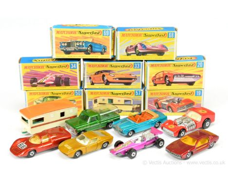 Matchbox Superfast group of early 1970's issue Cars &amp; Caravans (1) 19b Road Dragster (engine loose but still present); (2