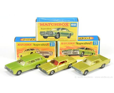 Matchbox Superfast group of American Cars. (1) Lincoln Continental - metallic lime green body, bare metal base, small diamete