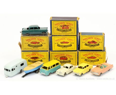 Matchbox Regular Wheels group of 1950's issue models. (1) 23a Berkeley Cavalier Caravan; (2) 32a Jaguar XK120; (3) 33a Ford Z