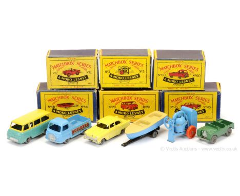 Matchbox Regular Wheels group of 1950's issue models.  (1) 3a Site Mixer; (2) 12a Land Rover (missing driver); (3) 45a Vauxha