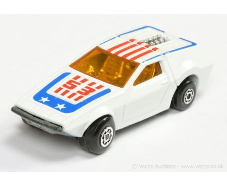 Matchbox Superfast 53b Tanzara Streakers issue - white body with blue &amp; red racing number 53 tampo print, dark amber wind