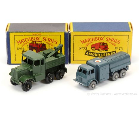 Matchbox Regular Wheels pair of Military vehicles. (1) 64a Scammell Military Recovery Tractor - green metal double arm hook, 