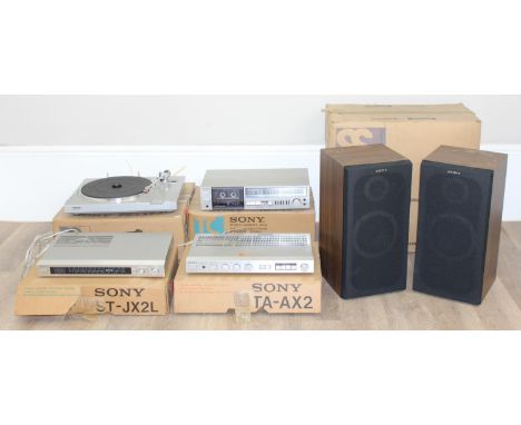 Vintage Sony stacking separates to incl: turntable PS-LX2(A), stereo amplifier TA-AX2, speakers SS-E34, stereo radio tuner ST