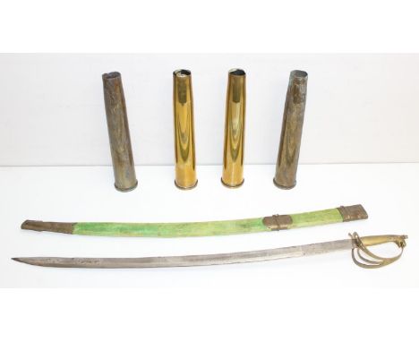 4 assorted British 40mm shell cases to incl WW2 examples, and a vintage brass-handled Indian Tulwar sword (93cm)