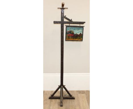 A vintage Art &amp; Crafts period oak standard lamp of unusual sign bracket type form with an unusual vintage reverse painted