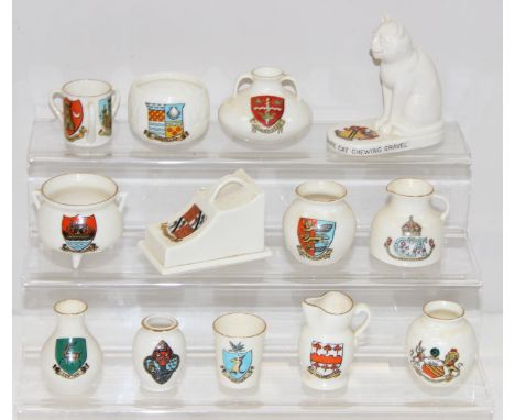 Qty of assorted Goss crested china, mainly ancient vessels but to include a Cheshire Cat with Shakespeare's Arms