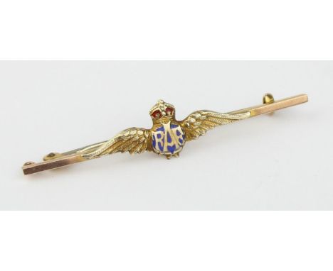 [2.61g] - a 9ct gold and blue enamel RAF military sweetheart brooch, marked 9ct and XRF confirmed, base metal pin, king's cro